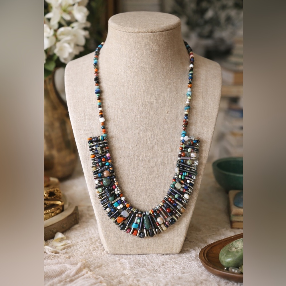 OOAK Artisan Boho Necklace • 28” Mixed Gemstones • Safety Pin Design